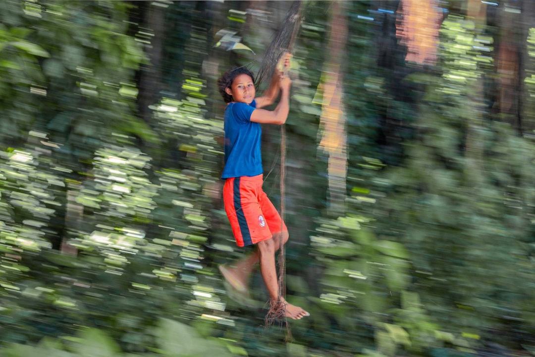 女孩 印度尼西亚 橡胶树藤 气生根 摇曳的藤蔓图片